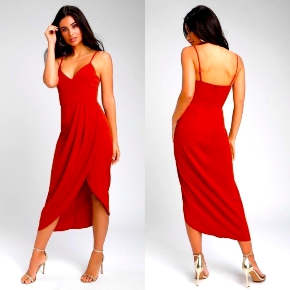 NWT LULU’S Reinette Rust Red Tulip Midi Dress Holidays Xmas women’s size M